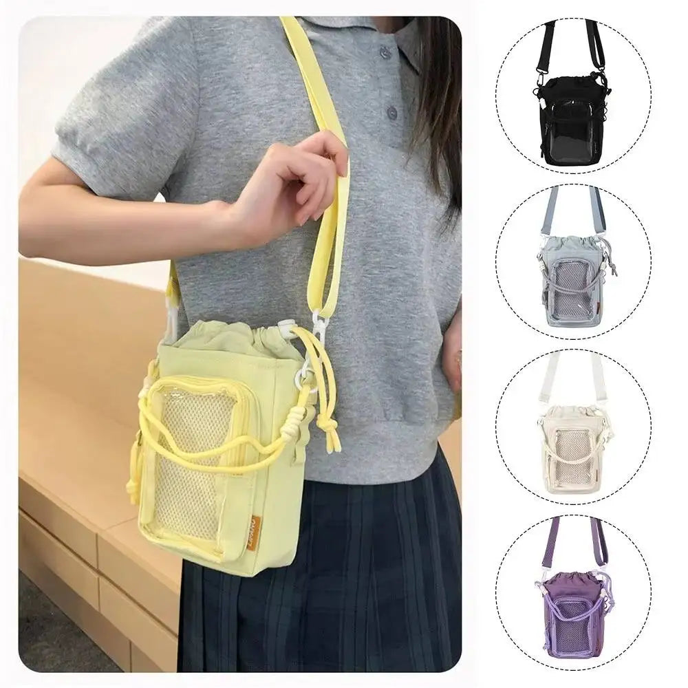 Water Bottle Crossbody Bag – Drawstring Shoulder Bag with Clear Pocket