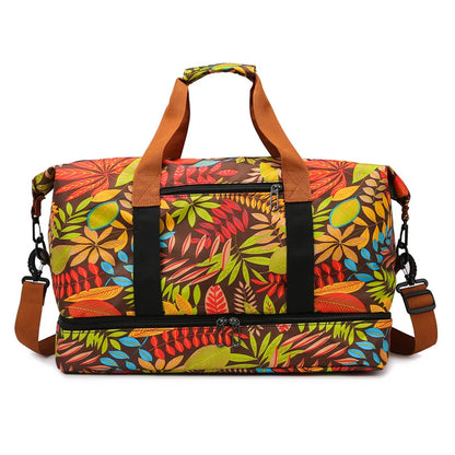 Leaf Print Travel Duffel Bag with Shoe Compartment