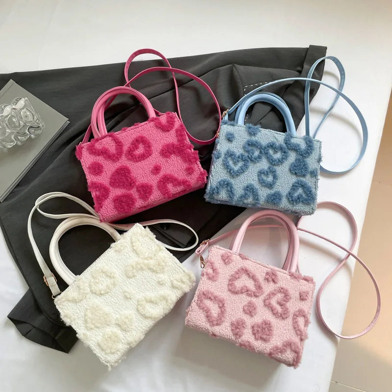 Cute Pink Heart Pattern Fuzzy Tote Bag Stylish Mini Top Handle Crossbody Purse
