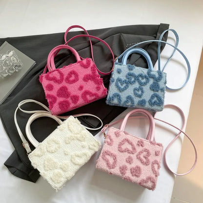 Cute Pink Heart Pattern Fuzzy Tote Bag Stylish Mini Top Handle Crossbody Purse