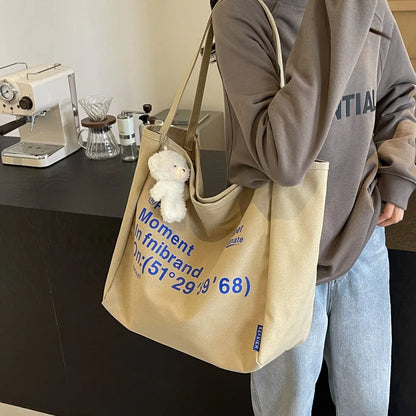 Letter Printed Canvas Shoulder Bag Women S Large Capacity Tote Bag Lazy Style Travel Bag