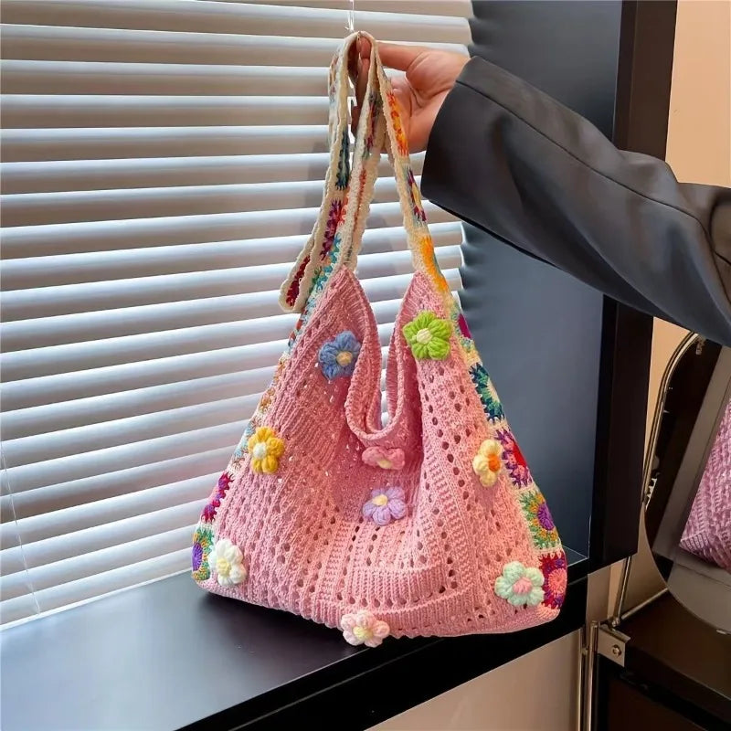 Boho Crochet Flower Tote Bag – Hollow Knit Shoulder Bag