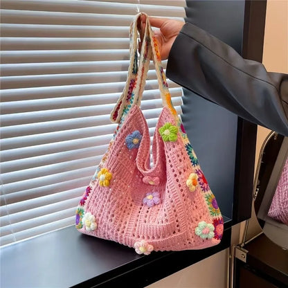 Boho Crochet Flower Tote Bag – Hollow Knit Shoulder Bag