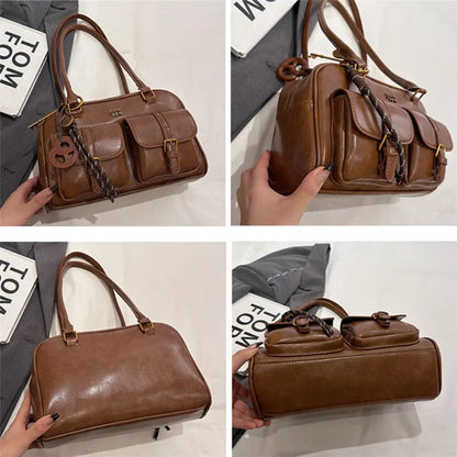 Women's Multi-Pocket Shoulder Tote Bag with Gold Hardware