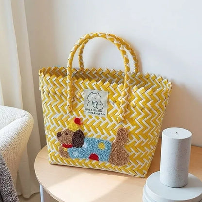 Cute Dachshund Woven Tote Bag Lightweight Striped Basket Bag Embroidered Dog Beach