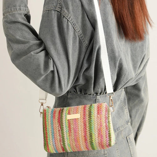 Colorful Striped Woven Crossbody Bag with Wide Adjustable Strap
