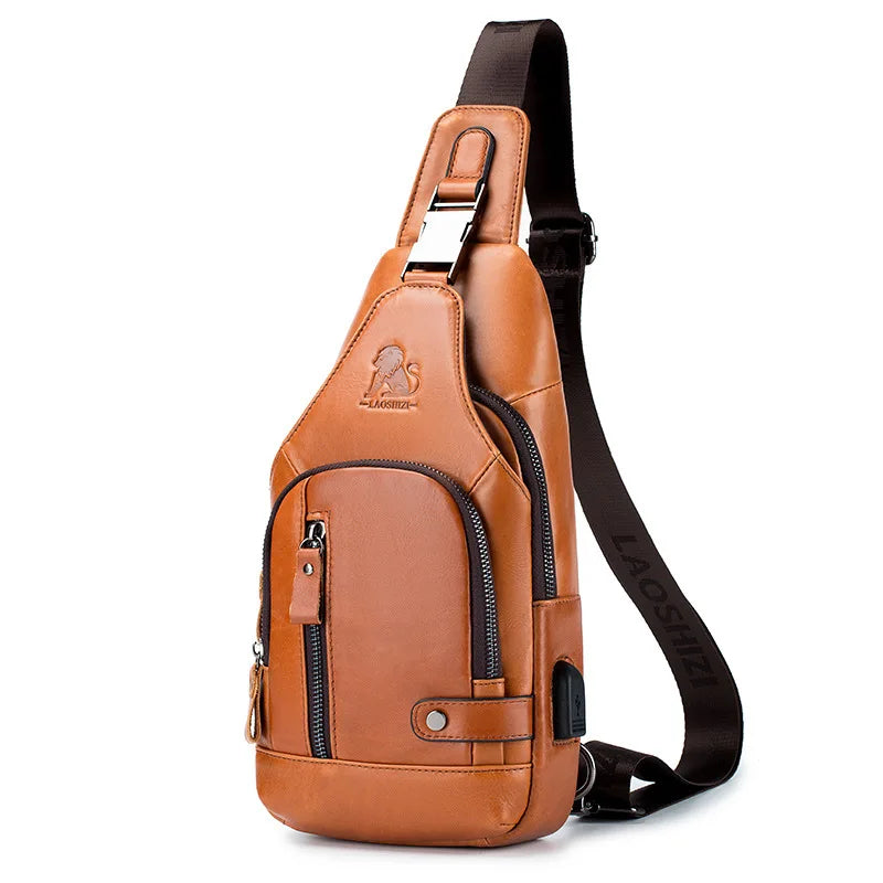 Leather Chest Bag Man Cross-Body Backpack Usb Multi-Function Large Capacity Front Satchel