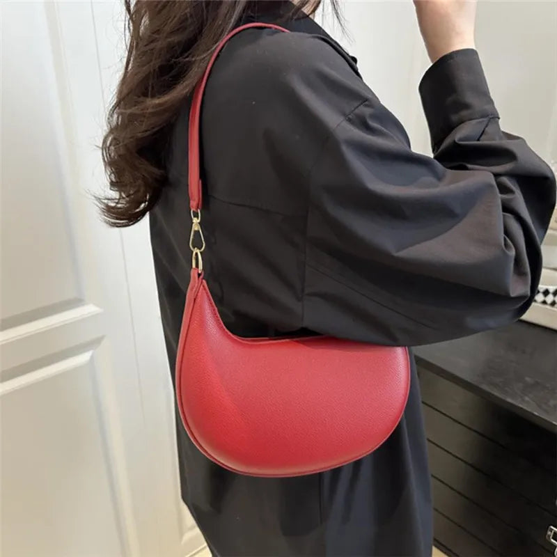 Minimalist Brown Crescent Underarm Bag Soft Leather Shoulder Purse Detachable Strapfor Woman Daily