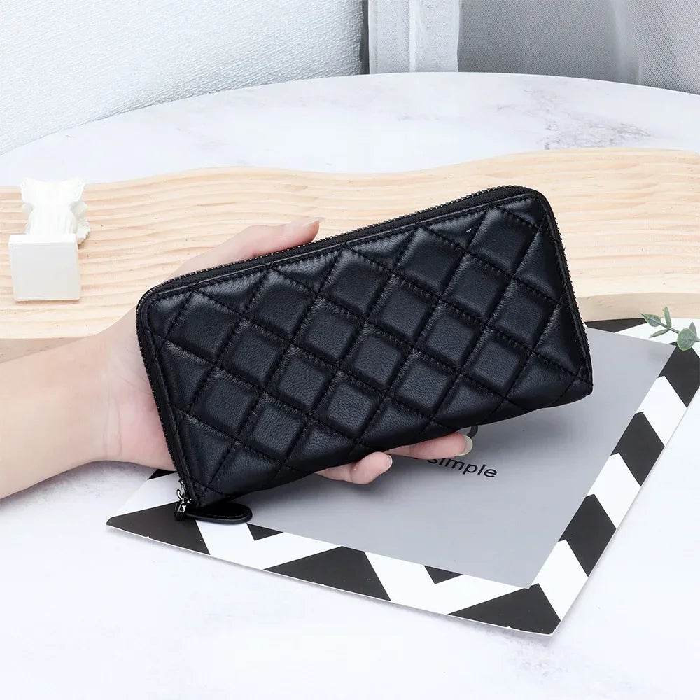 Leather Purse Women S Long Large Capacity Sheepskin Embroidered Diamond Check Zipper Wallet Mobile
