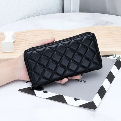 Leather Purse Women S Long Large Capacity Sheepskin Embroidered Diamond Check Zipper Wallet Mobile