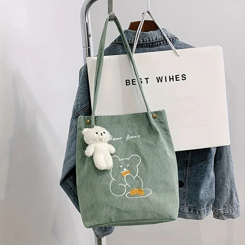 Women's Corduroy Tote Bag Cute Bear Embroidery Shoulder Bag