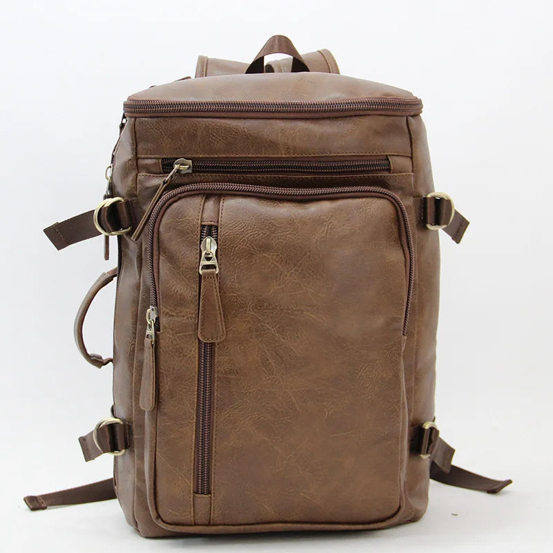 14-Inch Computer Bag Pu Leather Retro Multi-Functional Men S Backpack - Waterproof