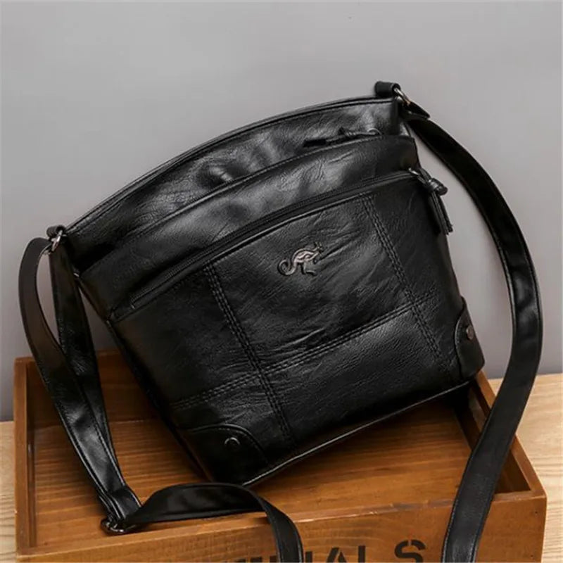 Soft Washed Leather Crossbody Bag – Retro Multi-Pocket Shoulder Messenger