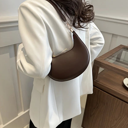 Minimalist Brown Crescent Underarm Bag Soft Leather Shoulder Purse Detachable Strapfor Woman Daily