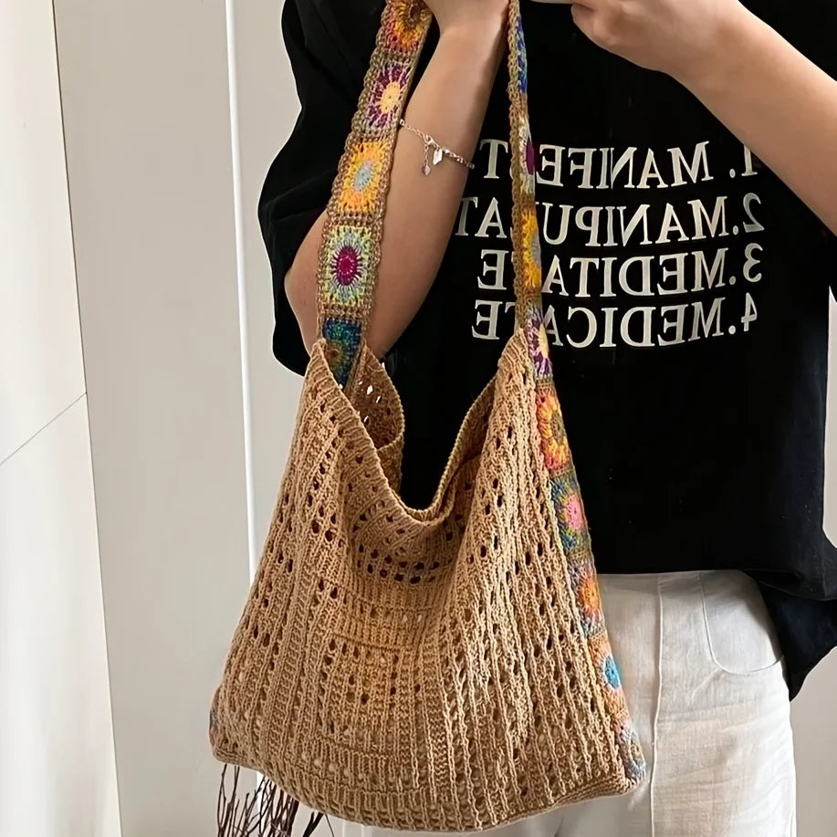 Crochet Tote Bag for Women – Floral Knit Beach Shoulder Bag