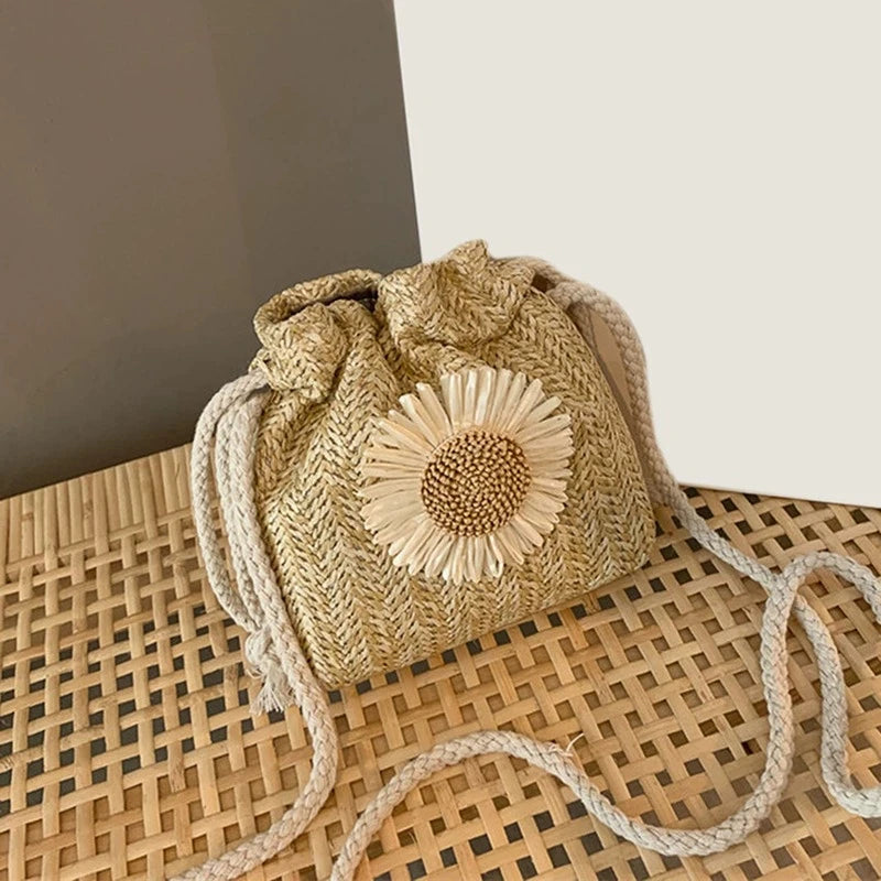Woven Straw Mini Crossbody Bag – Flower Drawstring Bucket