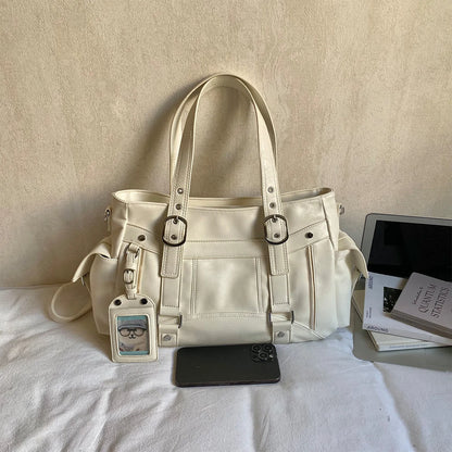 Commute Y2k Women Tote Bag Soft Pu Leather Metal Shoulder Large Capacity Multi Pocket Handbag