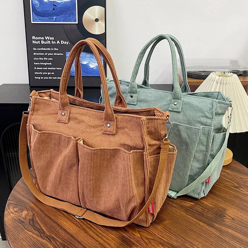 Corduroy Tote Bag – Large Shoulder Bag with Multi-Pocket