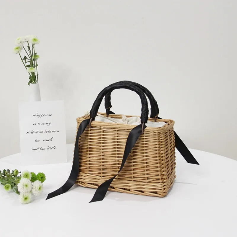 Handwoven Rattan Women Tote Bag Lace Ribbon Mini Wicker Basket Handbag Summer Beach
