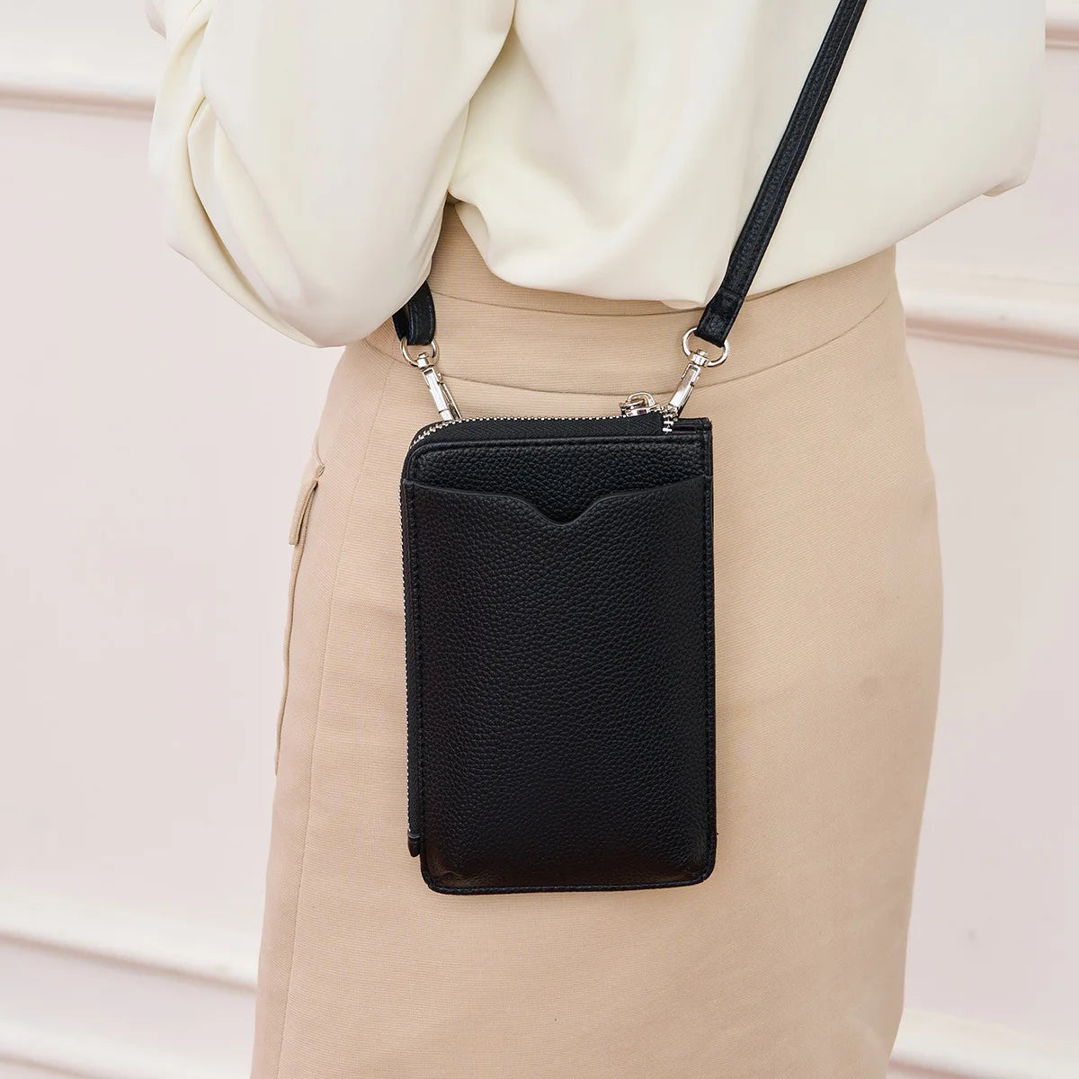 Litchi Pattern Soft Leather Vertical Mobile Phone Bag Ladies Shoulder Crossbody Multi-Card Storage