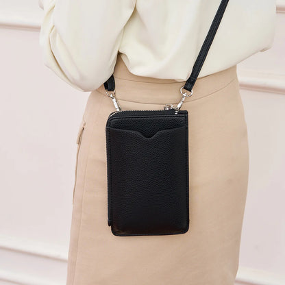 Litchi Pattern Soft Leather Vertical Mobile Phone Bag Ladies Shoulder Crossbody Multi-Card Storage