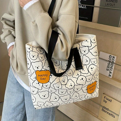 Bear Print Canvas Tote Bag – Cute Cartoon Shoulder Bag for Women