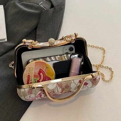 Floral Tapestry Box Clutch Bag with Gold-Tone Hardware & Detachable Chain