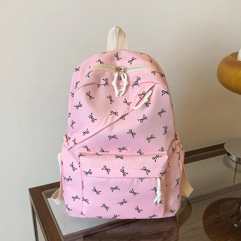 Fashionable Cute Backpack Bow Print Bookbag Laptop Protection Adjustable Straps Back School Season