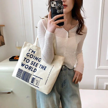 Canvas Tote Bag with Book Print – Large Capacity Women's Shoulder Bag