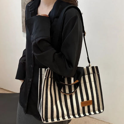 Striped Canvas Tote Bag – Lightweight Shoulder Bag for Work & Daily Use