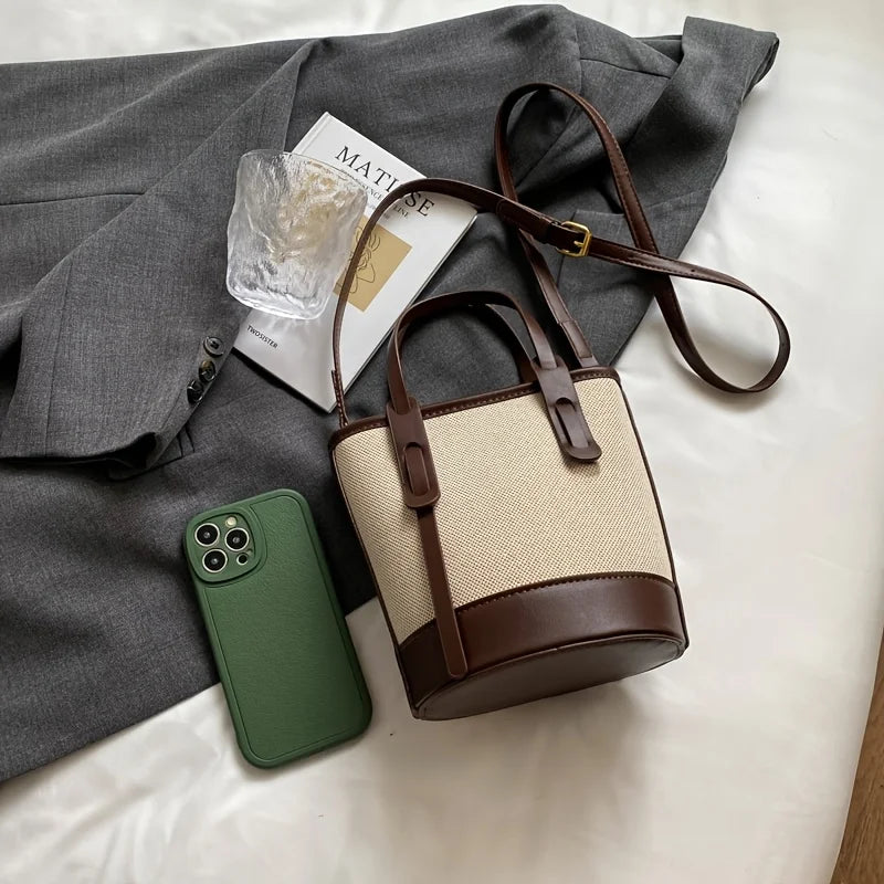 Two-Tone Canvas & Leather Bucket Bag for Women
