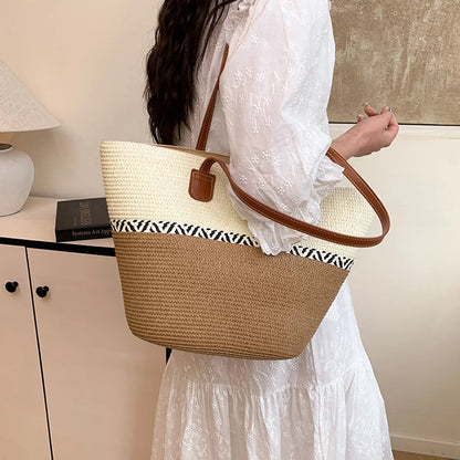 Vacation Beach Handbag Woven Stripe Pattern Women Tote Bag Large Capacity Versatile Shoulder Summer