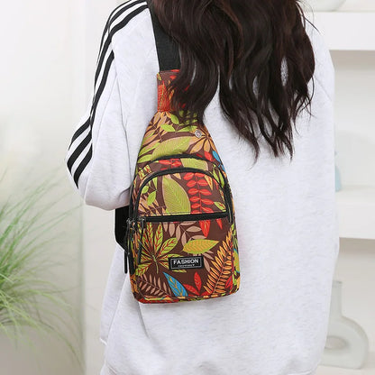 Outdoor Travel Hiking Cycling Chest Bag Women Colorful Floral Leaves Print Sling Backpack