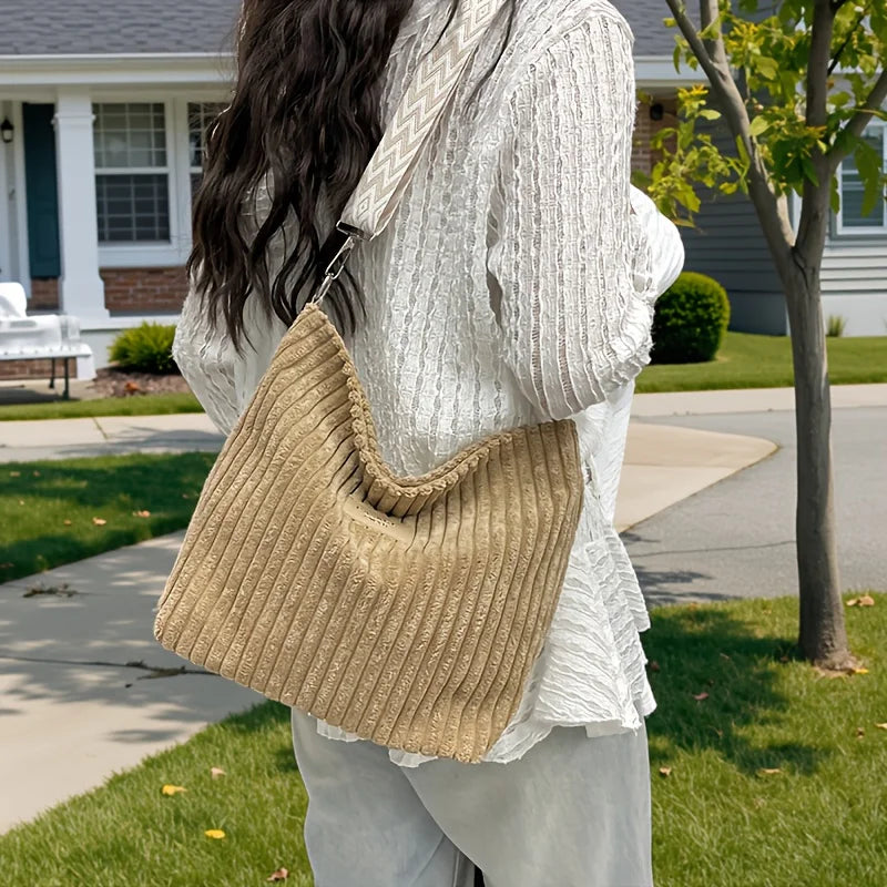 Corduroy Crossbody Bag with Wide Boho Strap