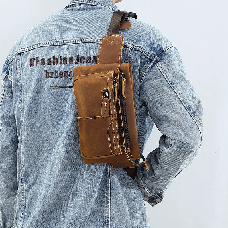 Chest Bag Retro Men S Leather Waist Outdoor Sports Cowhide Satchel Scooter Multi-Function Waterproof