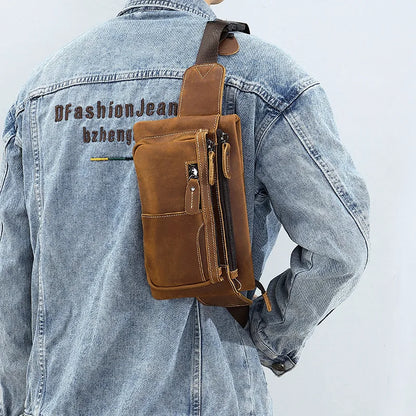 Chest Bag Retro Men S Leather Waist Outdoor Sports Cowhide Satchel Scooter Multi-Function Waterproof