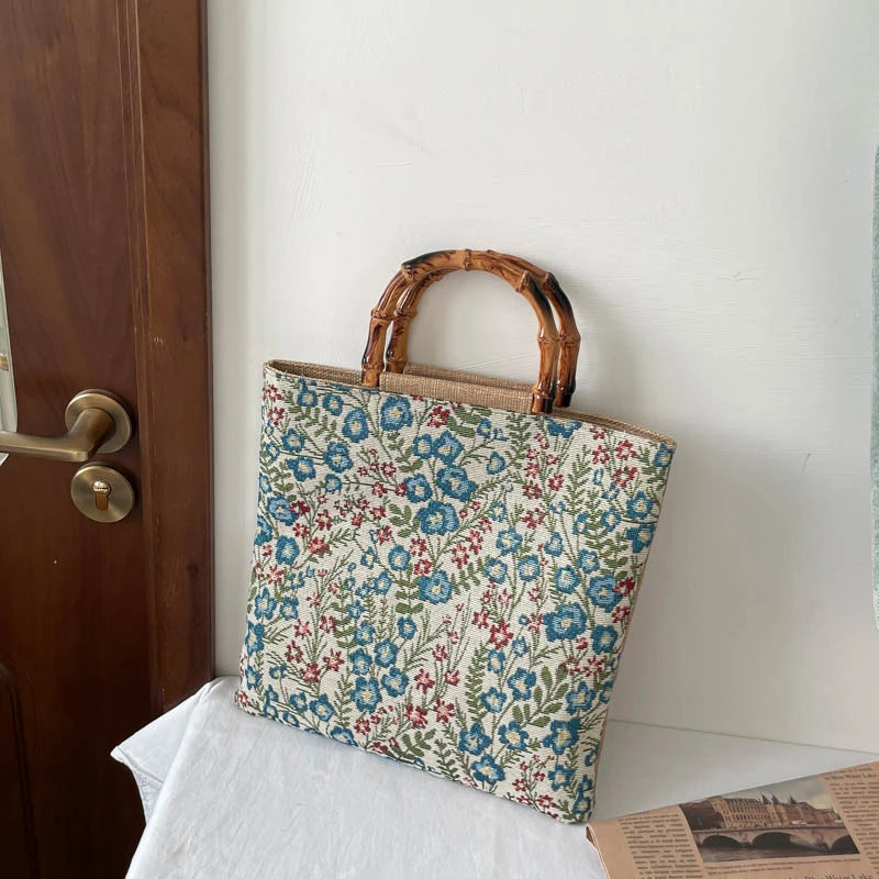 Vintage Artistic Embroidery Floral Pattern Shoulder Bag Bamboo Handle Women Tote Soft Fabric Handbag
