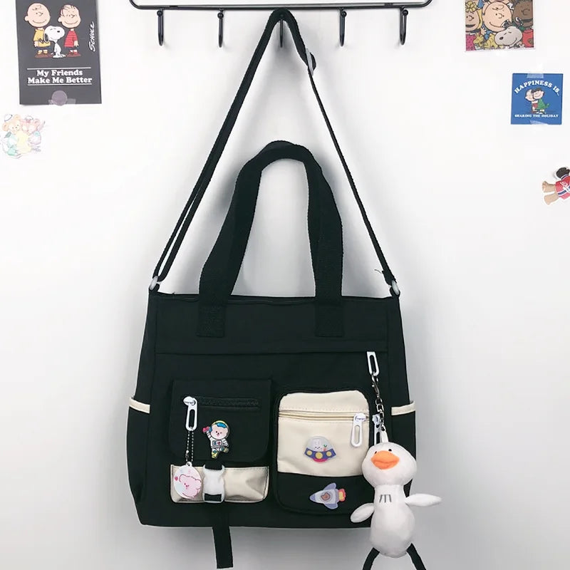 Canvas Crossbody Tote Bag Multi-Pocket Shoulder Bag