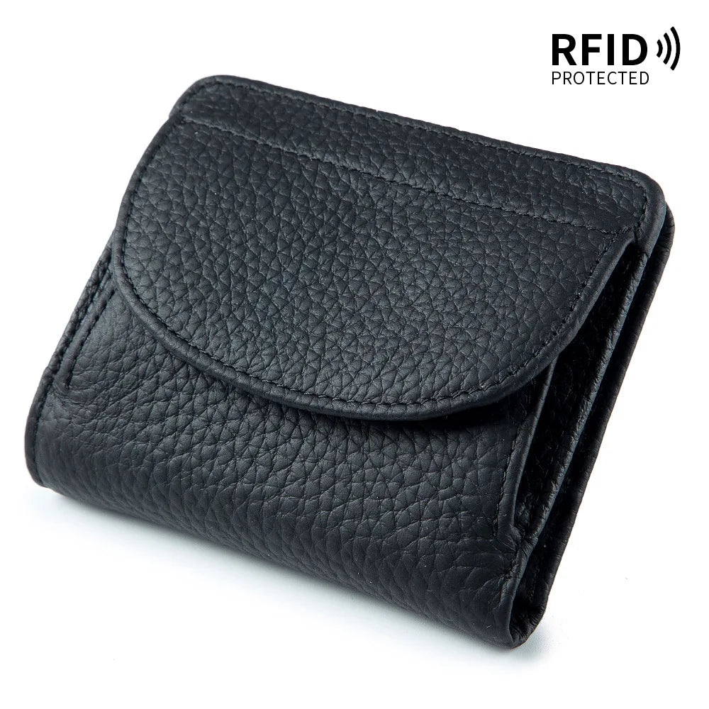 Women Genuine Leather Mini Wallet Rfid Folding Simple Ultra-Thin Small Soft Cowhide Female Card