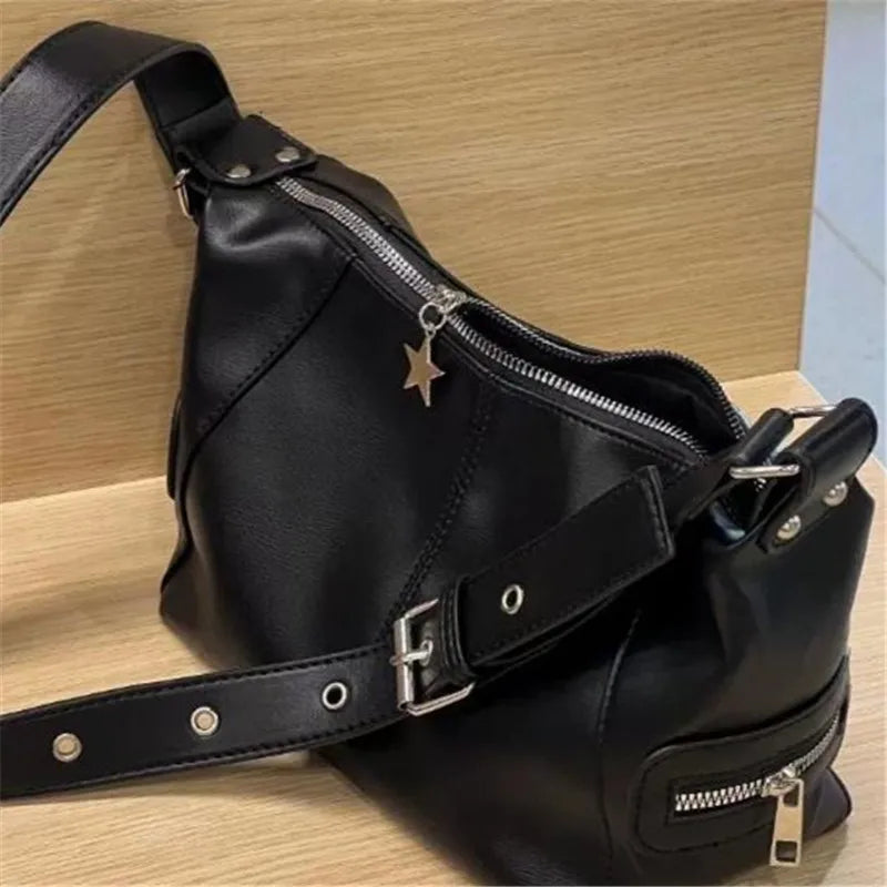 Y2K Star Charm Black Leather Hobo Shoulder Bag