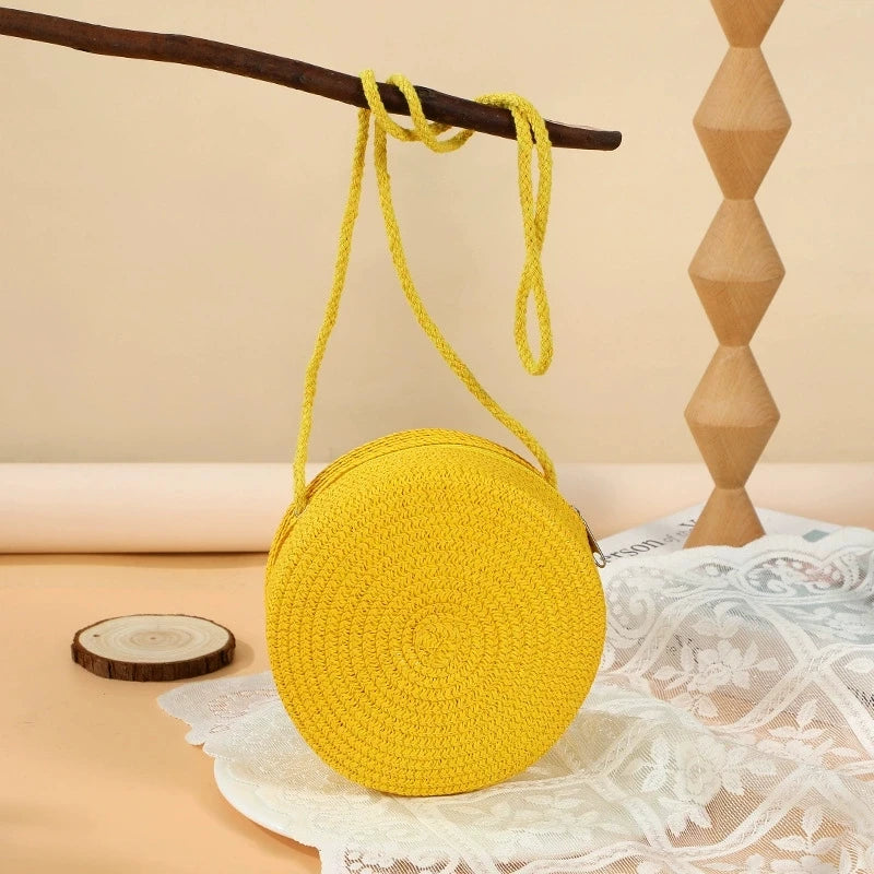 Round Woven Straw Crossbody Bag for Women