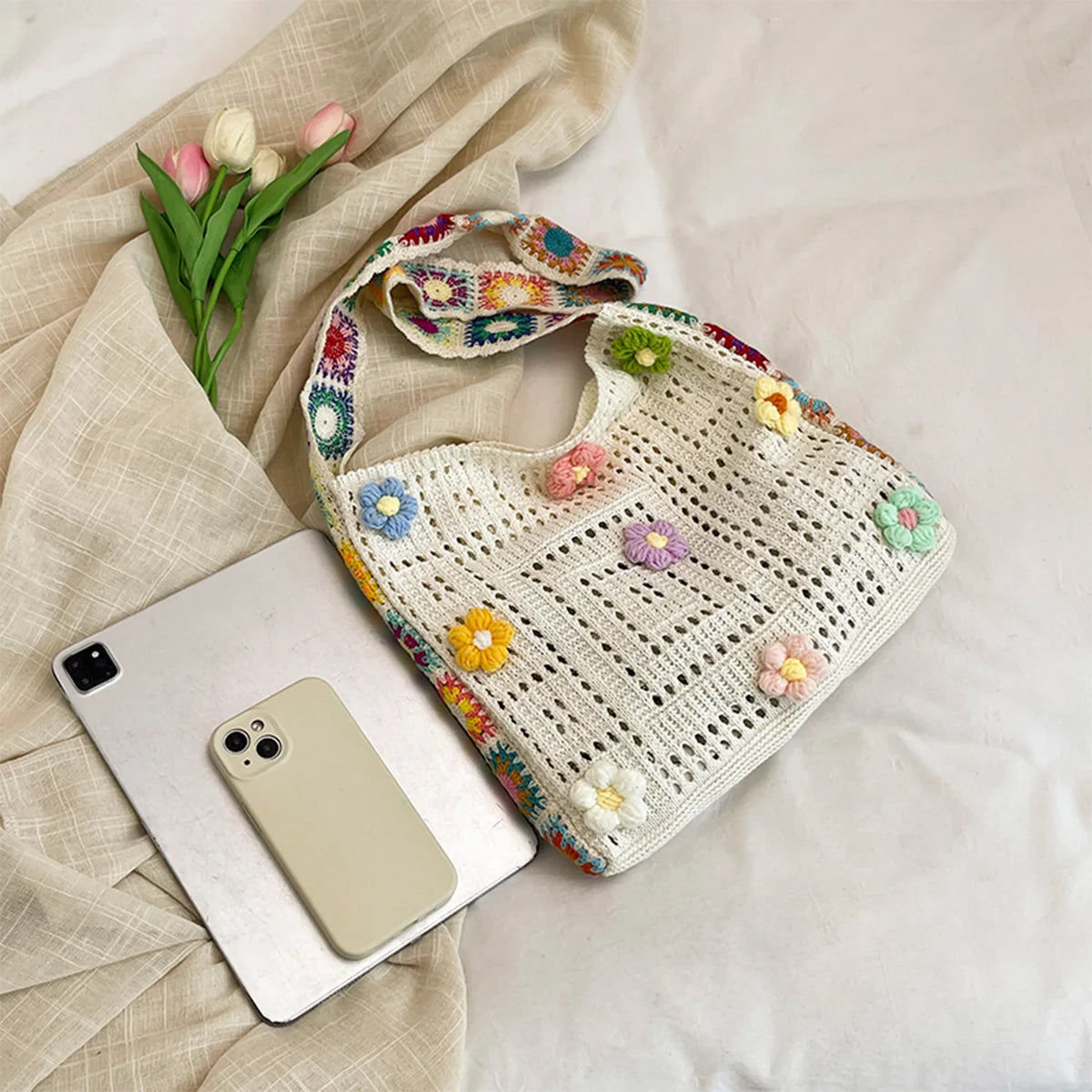 Trendy Bohemian Crochet Bag Cute Floral Shoulder Lightweight Soft Fabric Woman Tote Summer Outdoors