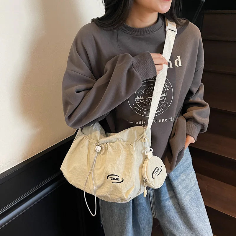Nylon Drawstring Shoulder Bag with Detachable Mini Pouch