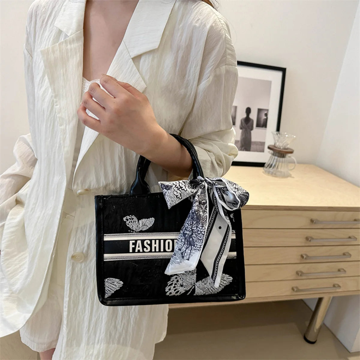 Chic Embroidered Handbag Silk Scarf Bow Women Tote Bag Pu Leather Letter Underarm Commute Shopping