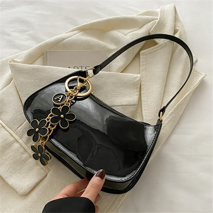 Glossy Patent Leather Shoulder Bag with Floral Keychain