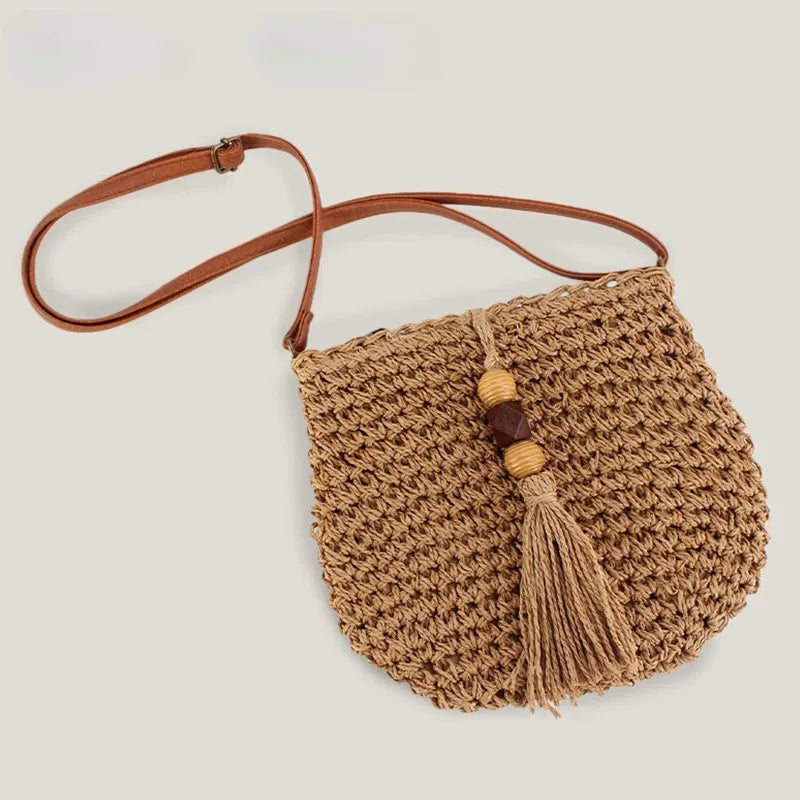 Straw Crossbody Bag with Tassel & Adjustable Leather Strap