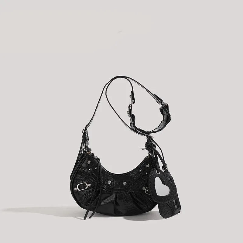 Motorcycle Bag Underarm Rivet Tassel Three-In-One Crescent Folded Cowhide Single Shoulder Slant
