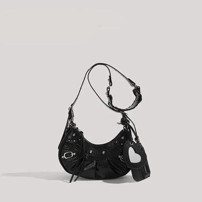 Motorcycle Bag Underarm Rivet Tassel Three-In-One Crescent Folded Cowhide Single Shoulder Slant