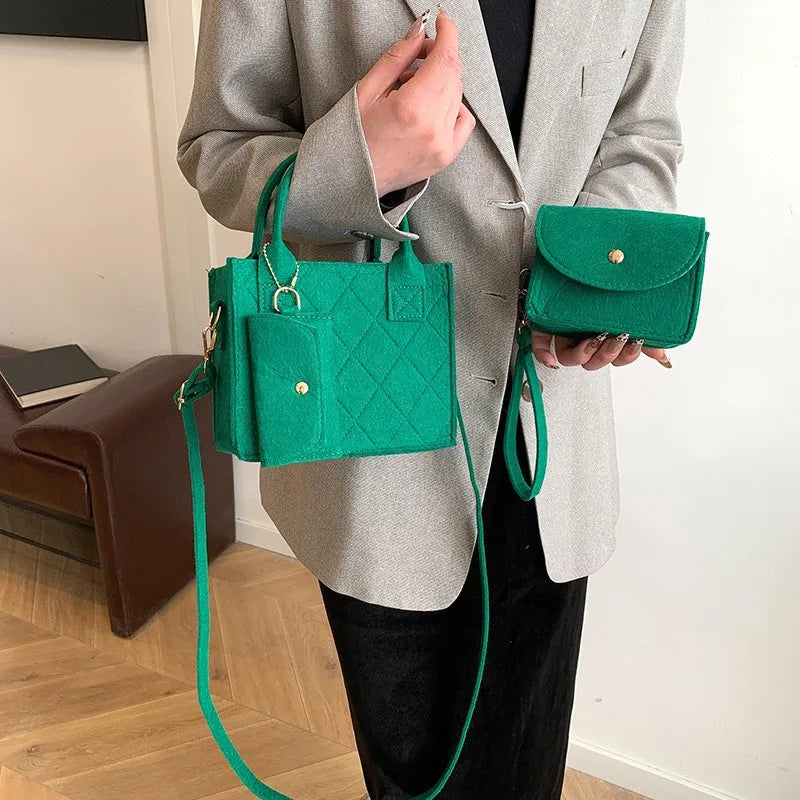 3-Piece Women's Quilted Felt Handbag Set with Crossbody & Mini Bag