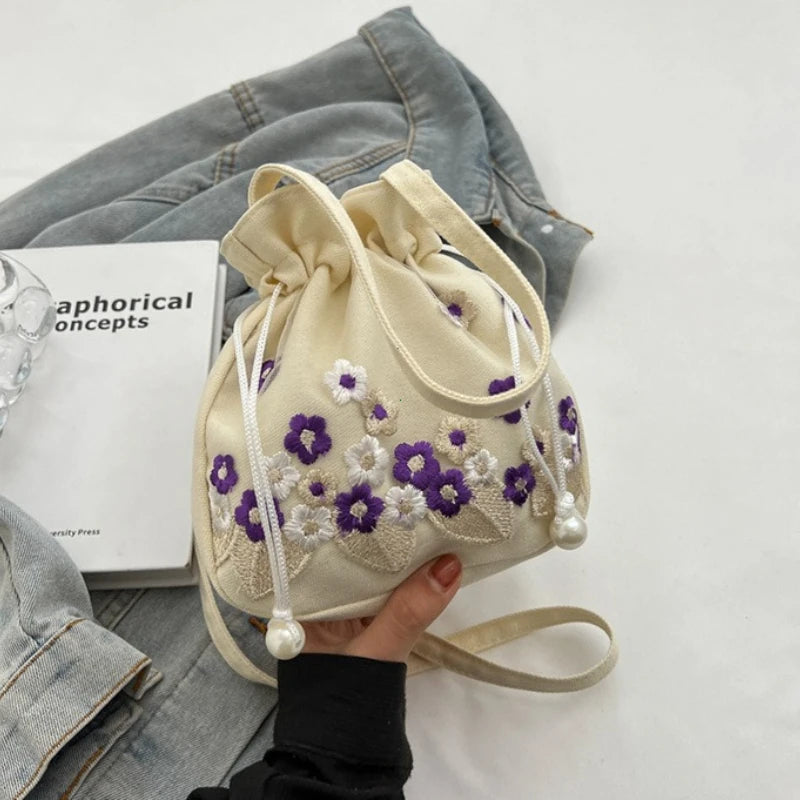 Ethnic Style Hanfu Drawstring Bag Chinese Crossbody Embroidery Flower Handbag Storage Ancient Floral